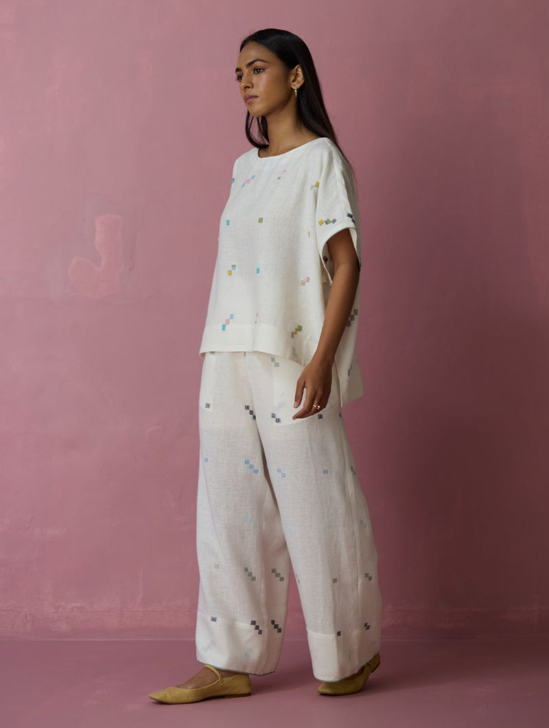 Kanni Hand-Embroidered Jamdani Co-ord Set - Ivory all linen by Manan in ivory color for women in Singapore