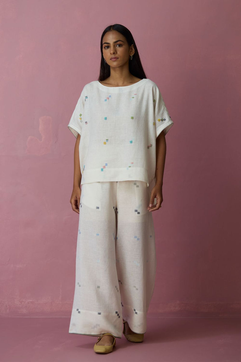 Kanni Hand-Embroidered Jamdani Co-ord Set - Ivory all linen by Manan in ivory color for women in Singapore