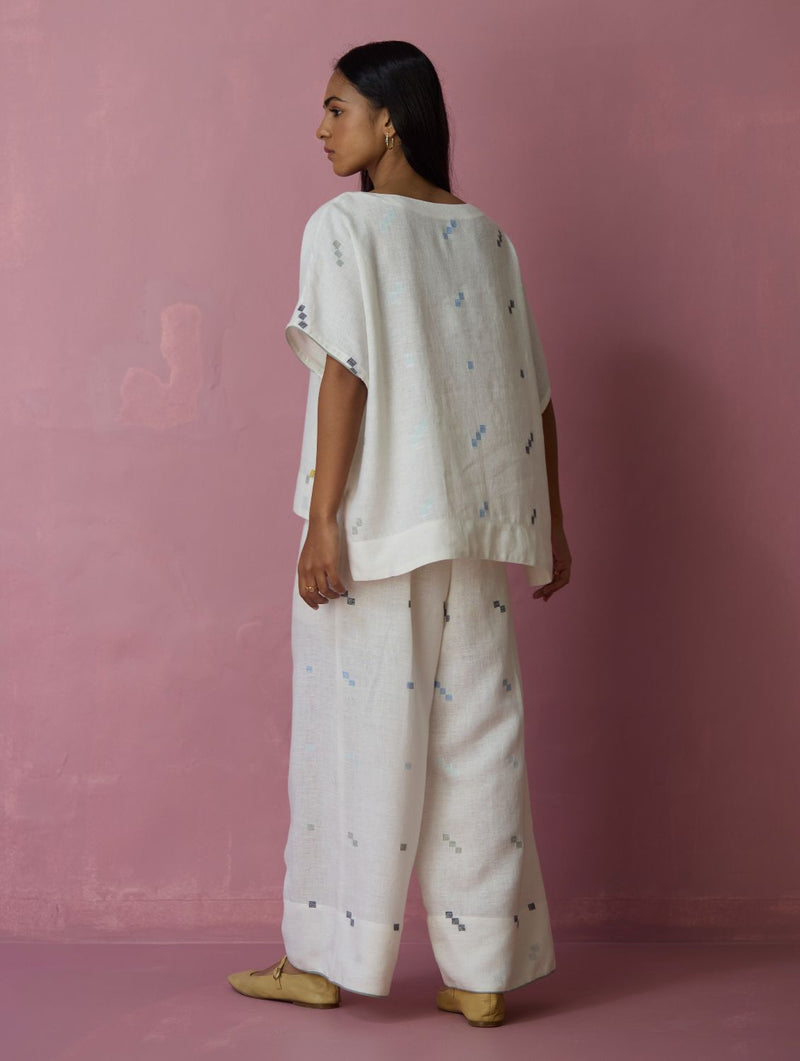 Kanni Hand-Embroidered Jamdani Co-ord Set - Ivory all linen by Manan in ivory color for women in Singapore