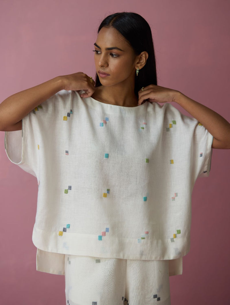 Kanni Hand-Embroidered Jamdani Co-ord Set - Ivory all linen by Manan in ivory color for women in Singapore