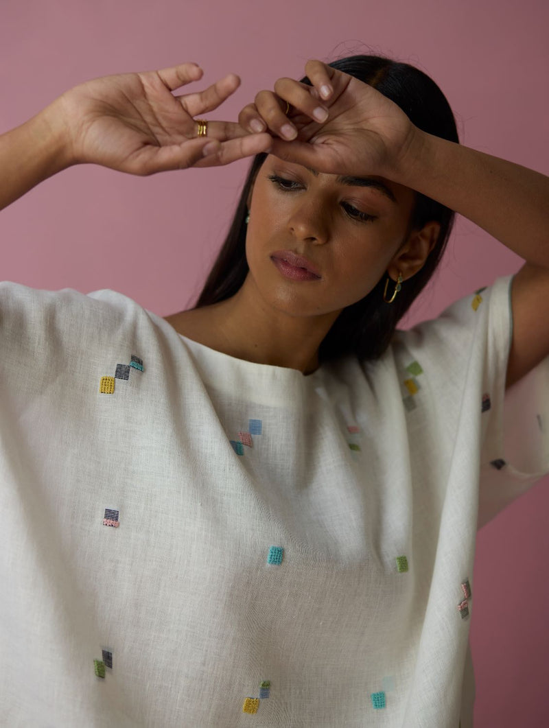 Kanni Hand-Embroidered Jamdani Co-ord Set - Ivory all linen by Manan in ivory color for women in Singapore