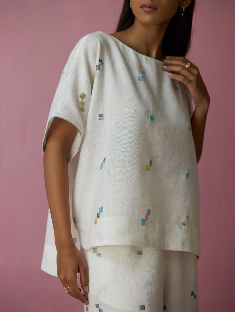 Kanni Hand-Embroidered Jamdani Co-ord Set - Ivory all linen by Manan in ivory color for women in Singapore