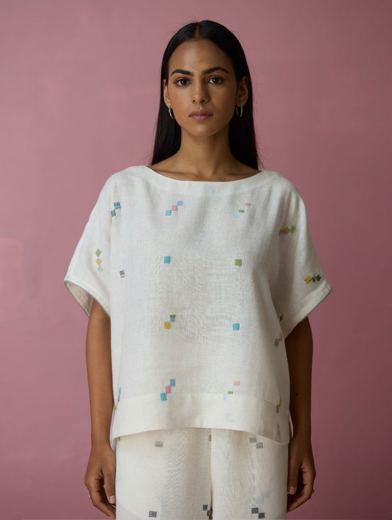 Kanni Hand-Embroidered Jamdani Co-ord Set - Ivory all linen by Manan in ivory color for women in Singapore