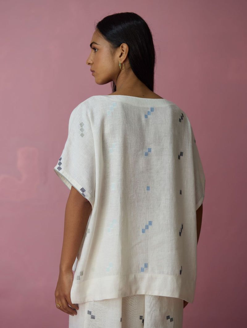 Kanni Hand-Embroidered Jamdani Co-ord Set - Ivory all linen by Manan in ivory color for women in Singapore