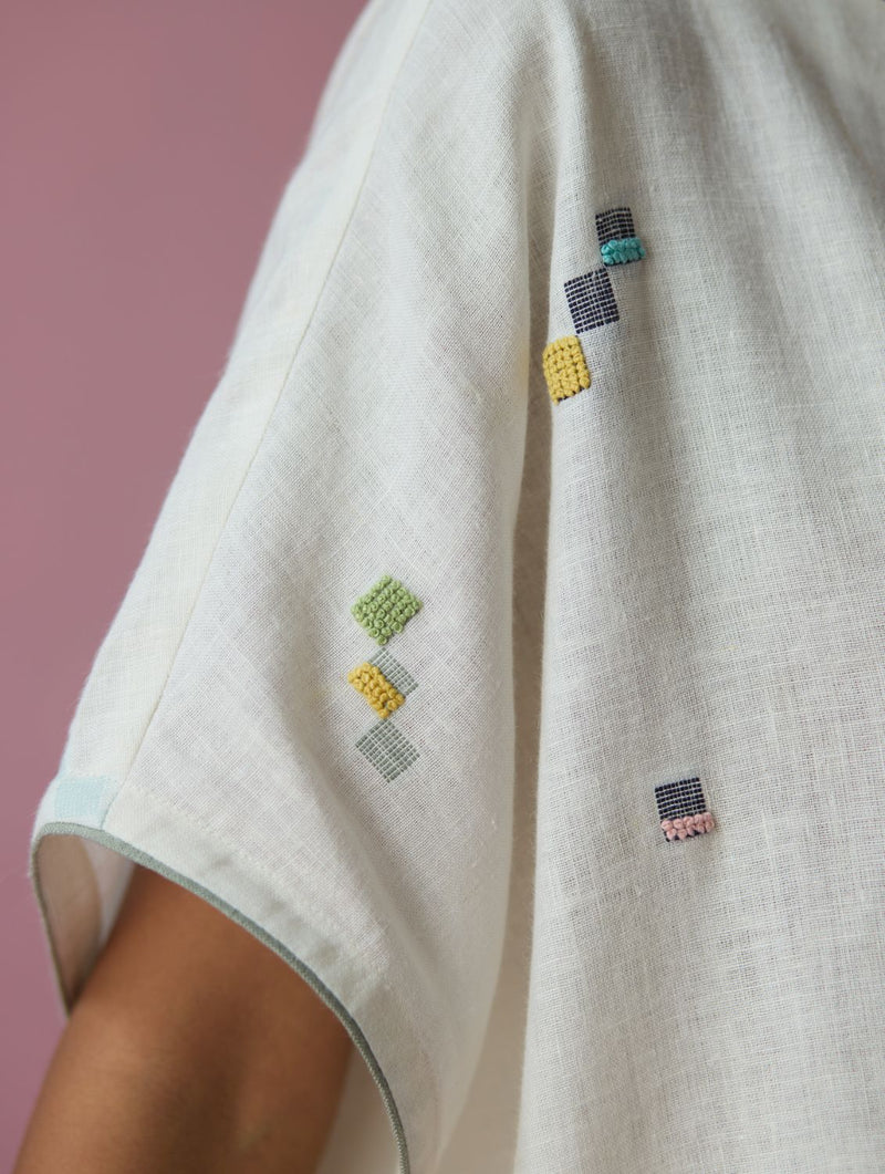 Kanni Hand-Embroidered Jamdani Co-ord Set - Ivory all linen by Manan in ivory color for women in Singapore