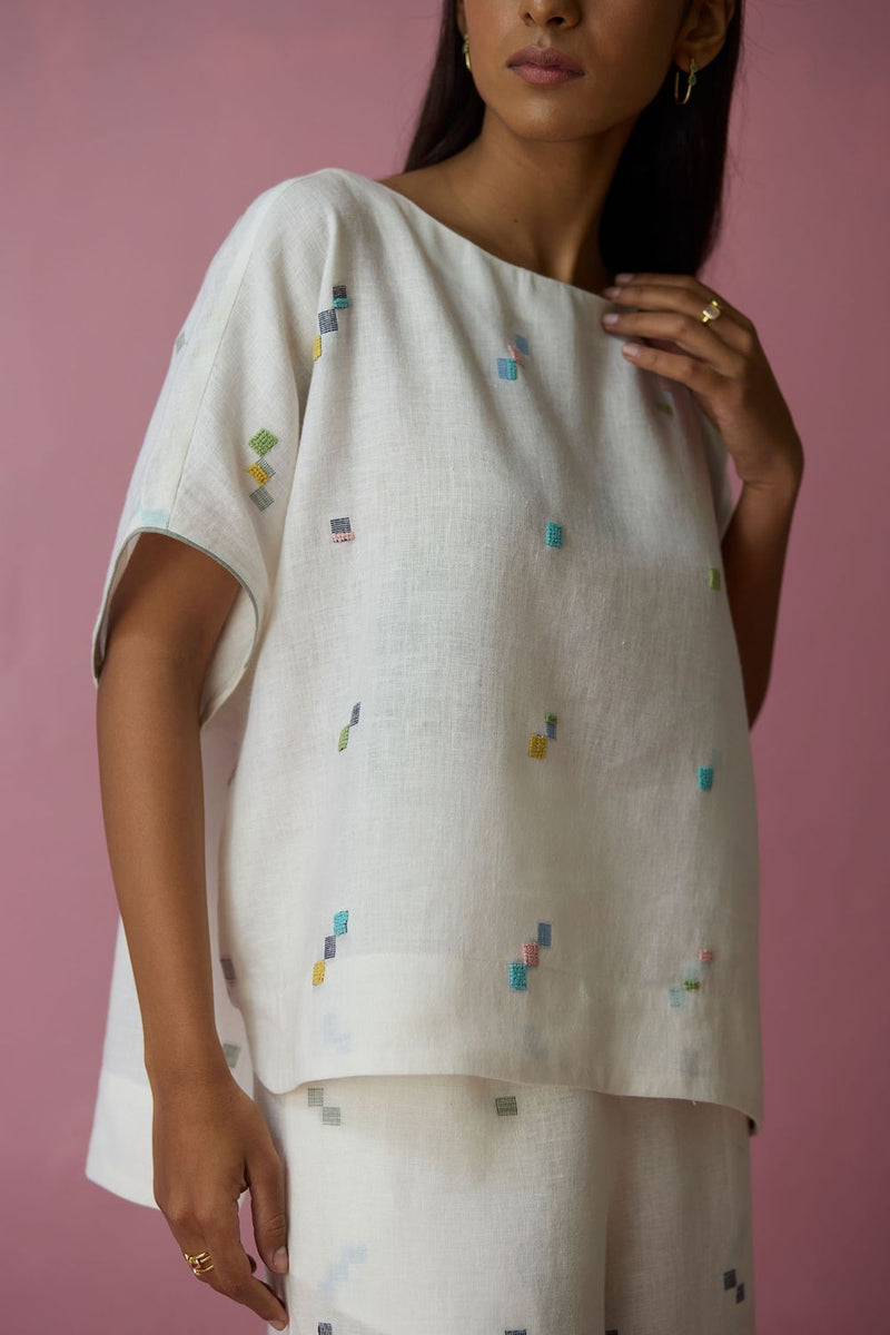 Kanni Hand-Embroidered Jamdani Co-ord Set - Ivory all linen by Manan in ivory color for women in Singapore