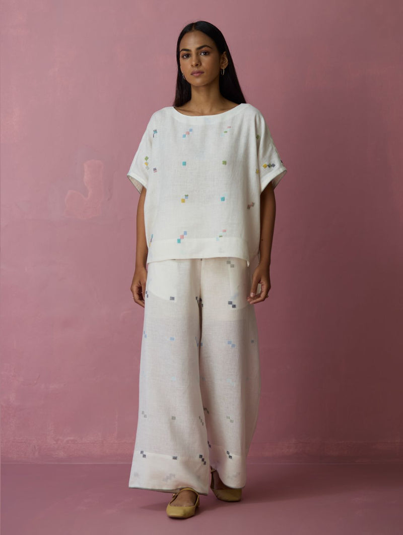 Kanni Hand-Embroidered Jamdani Co-ord Set - Ivory all linen by Manan in ivory color for women in Singapore