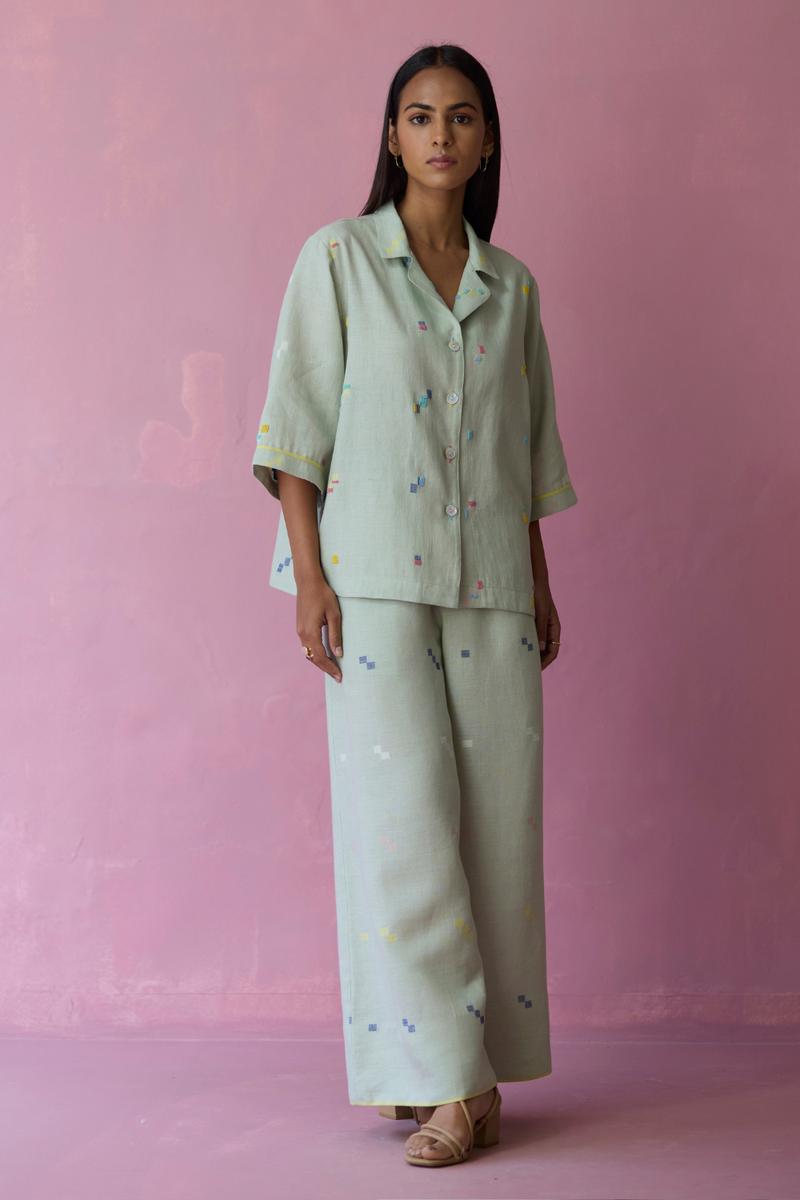 Imri Cuban Collared Jamdani Linen Co-ord Set - Aqua all linen by Manan for women in Singapore