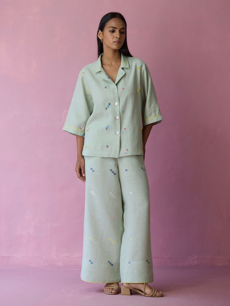 Imri Cuban Collared Jamdani Linen Co-ord Set - Aqua all linen by Manan for women in Singapore