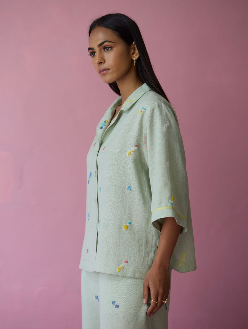 Imri Cuban Collared Jamdani Linen Co-ord Set - Aqua all linen by Manan for women in Singapore