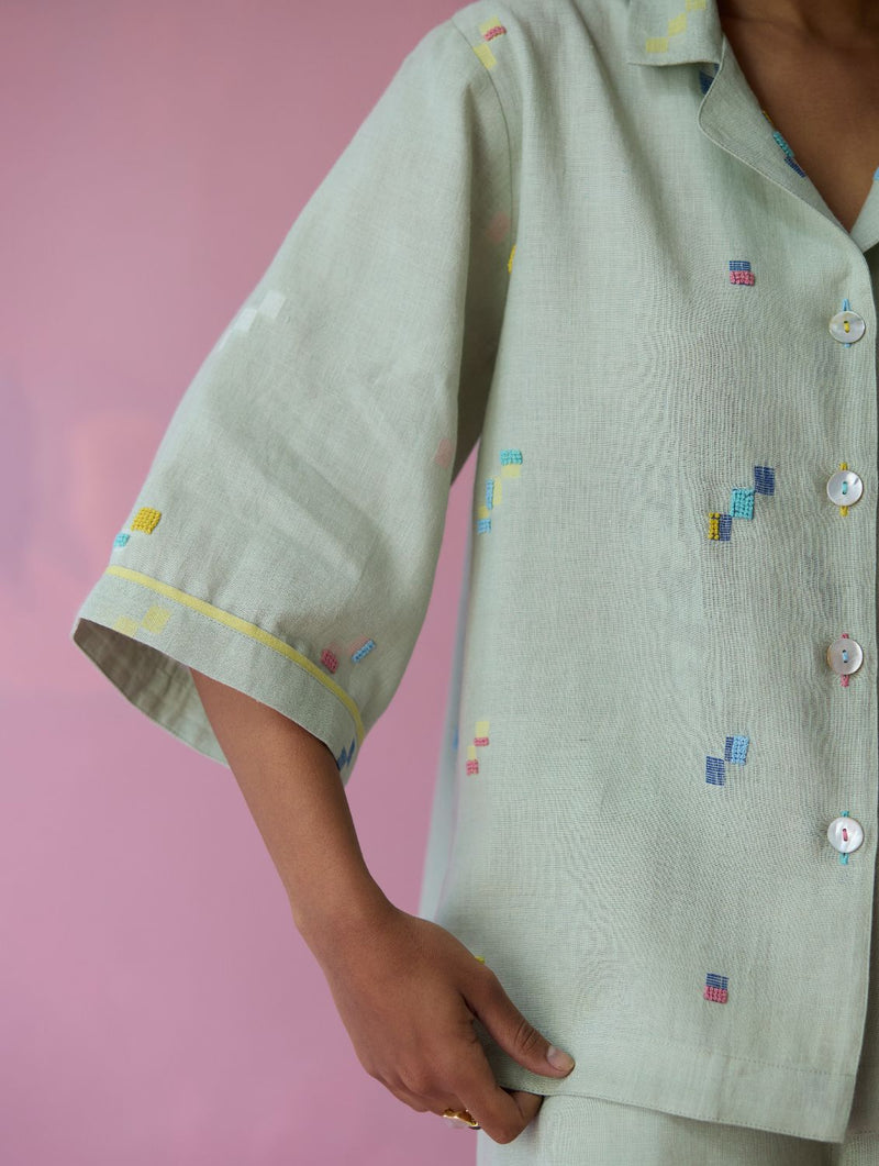 Imri Cuban Collared Jamdani Linen Co-ord Set - Aqua all linen by Manan for women in Singapore
