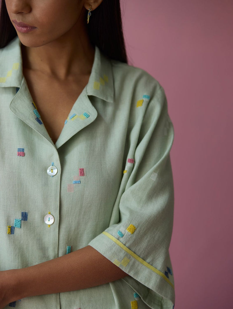 Imri Cuban Collared Jamdani Linen Co-ord Set - Aqua all linen by Manan for women in Singapore