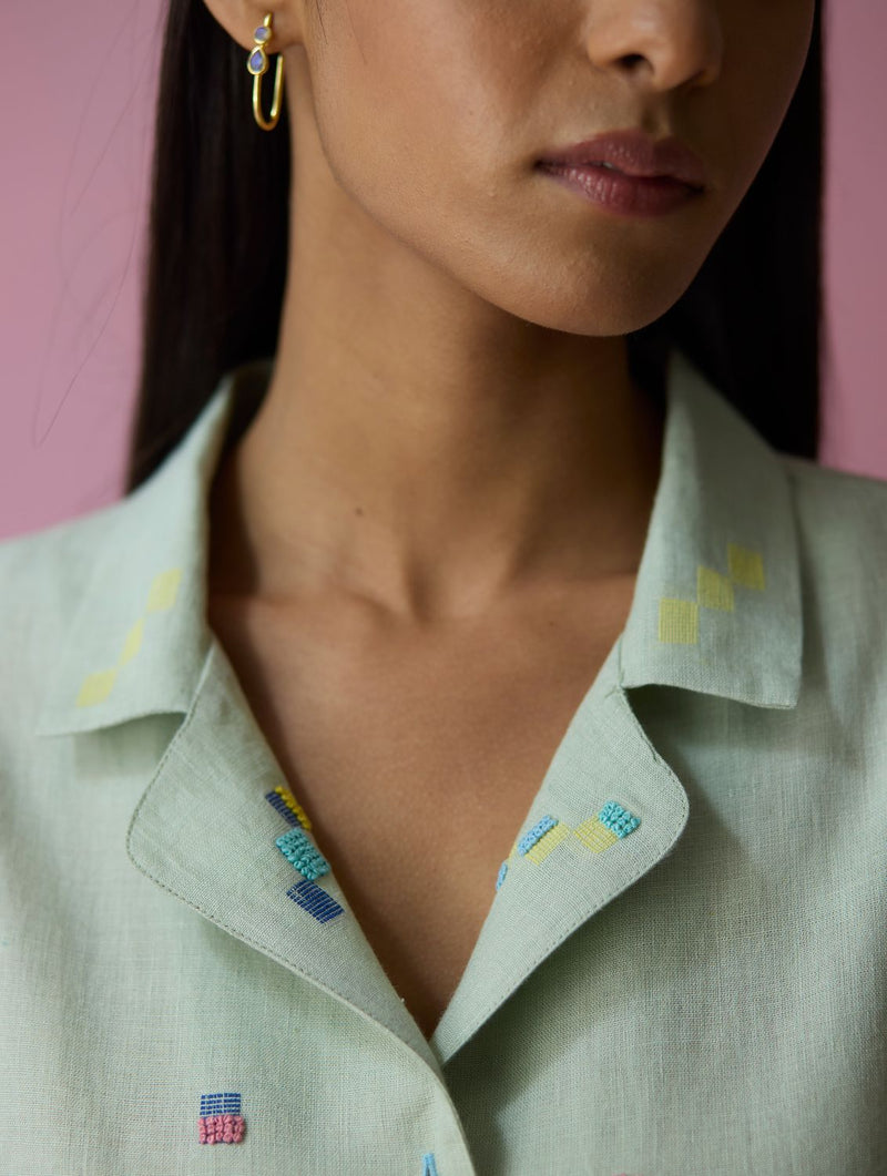 Imri Cuban Collared Jamdani Linen Co-ord Set - Aqua all linen by Manan for women in Singapore