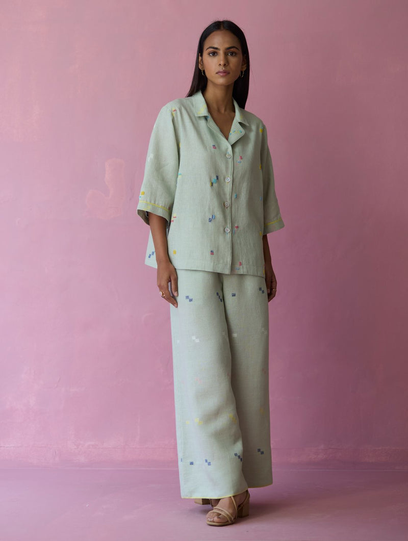 Imri Cuban Collared Jamdani Linen Co-ord Set - Aqua all linen by Manan for women in Singapore