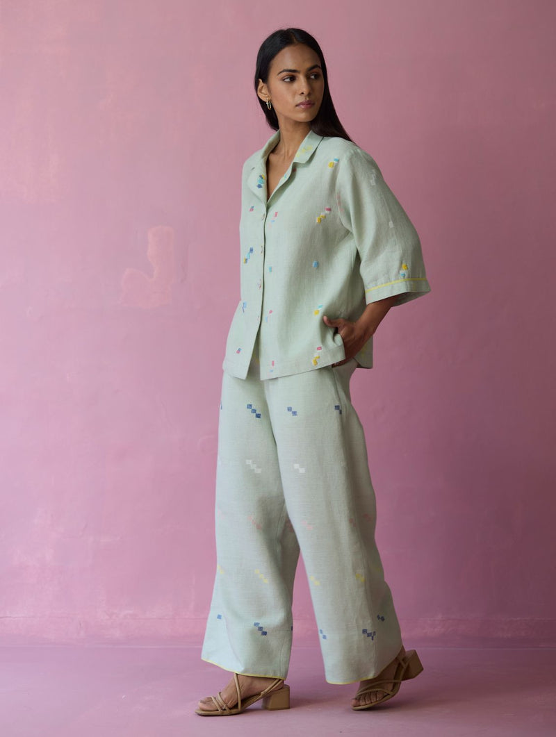 Imri Cuban Collared Jamdani Linen Co-ord Set - Aqua all linen by Manan for women in Singapore