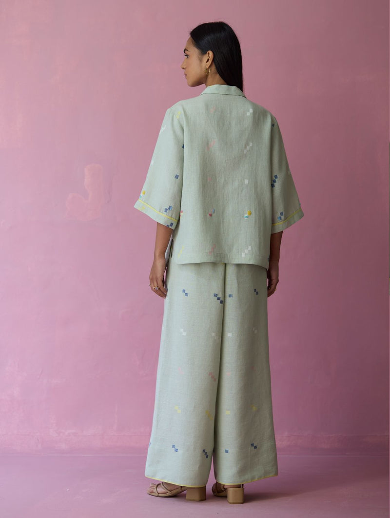 Imri Cuban Collared Jamdani Linen Co-ord Set - Aqua all linen by Manan for women in Singapore