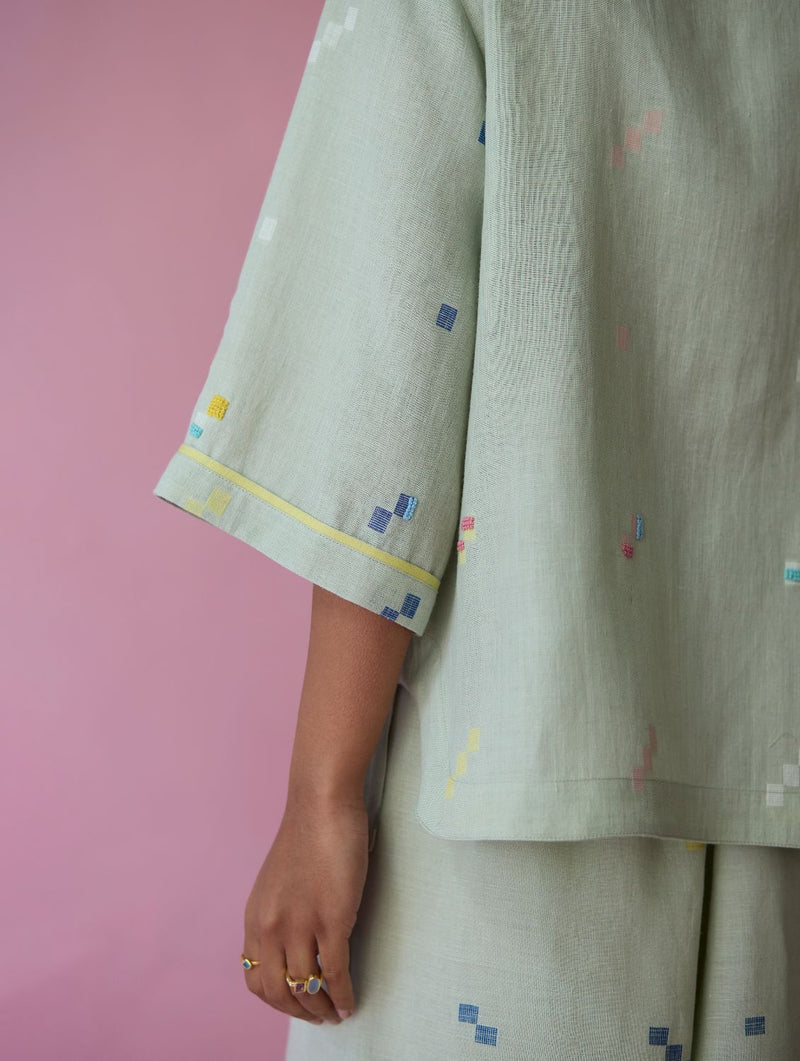 Imri Cuban Collared Jamdani Linen Co-ord Set - Aqua all linen by Manan for women in Singapore