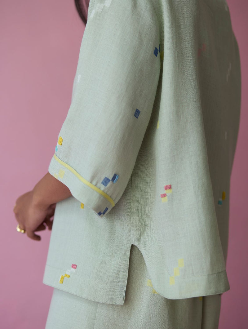 Imri Cuban Collared Jamdani Linen Co-ord Set - Aqua all linen by Manan for women in Singapore