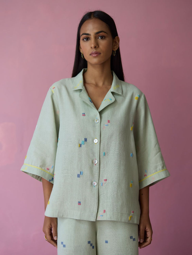 Imri Cuban Collared Jamdani Linen Co-ord Set - Aqua all linen by Manan for women in Singapore