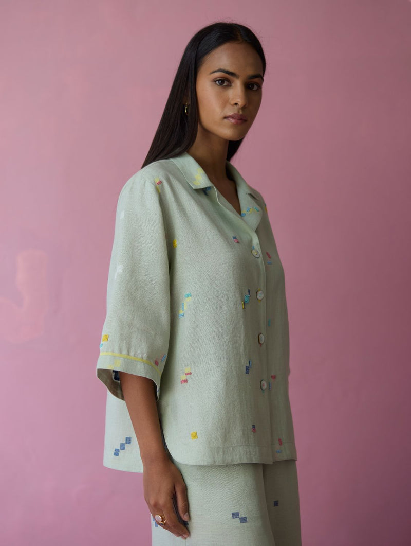 Imri Cuban Collared Jamdani Linen Co-ord Set - Aqua all linen by Manan for women in Singapore