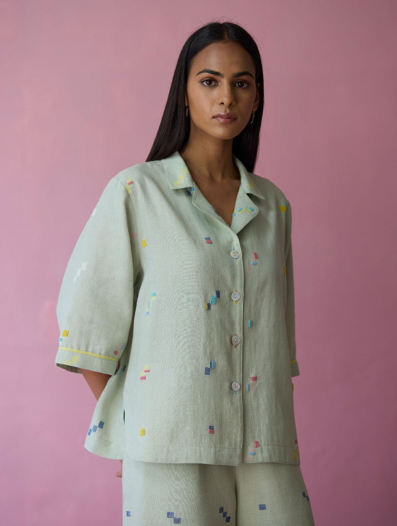 Imri Cuban Collared Jamdani Linen Co-ord Set - Aqua all linen by Manan for women in Singapore