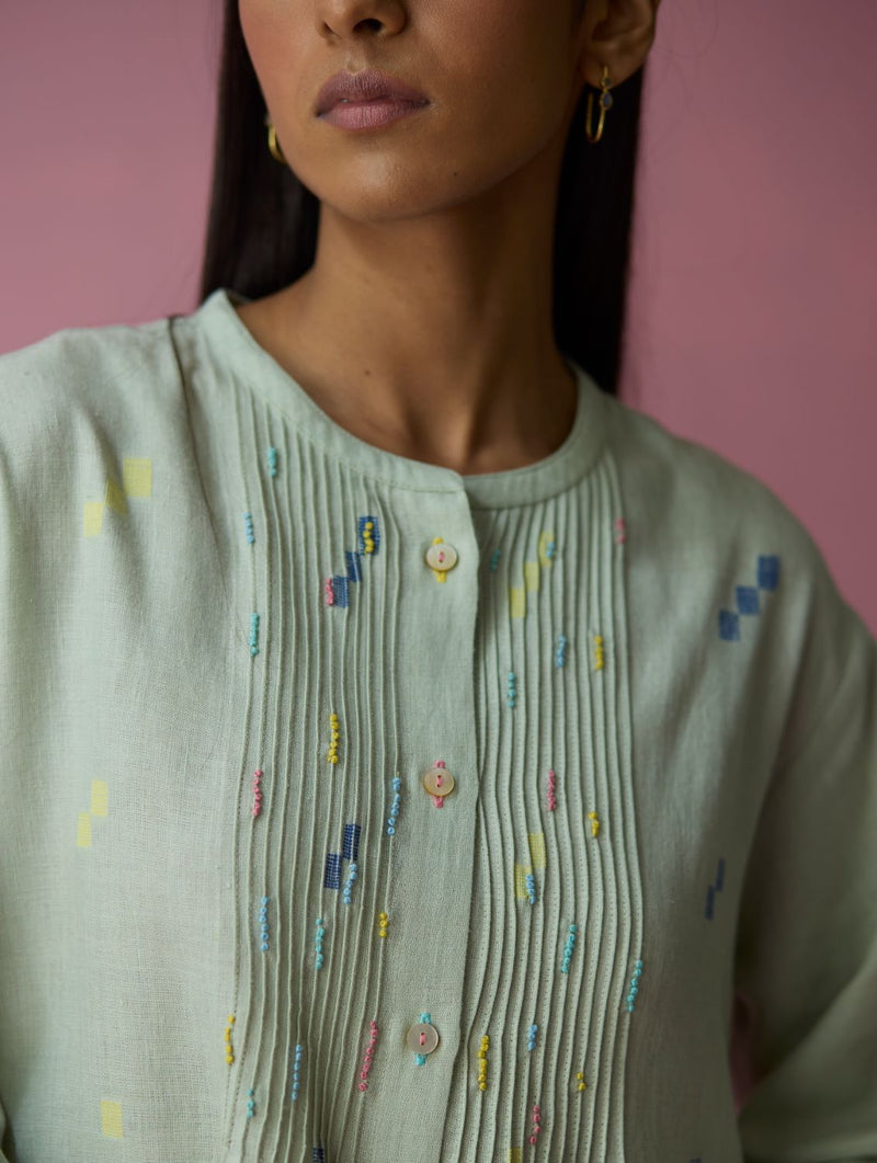 Dima Jmdani Linen Pintuck Co-ord Set - Aqua all linen by Manan for women in Singapore