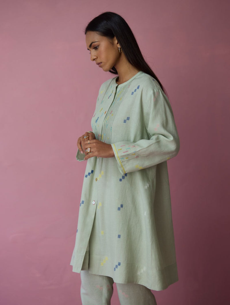 Dima Jmdani Linen Pintuck Co-ord Set - Aqua all linen by Manan for women in Singapore