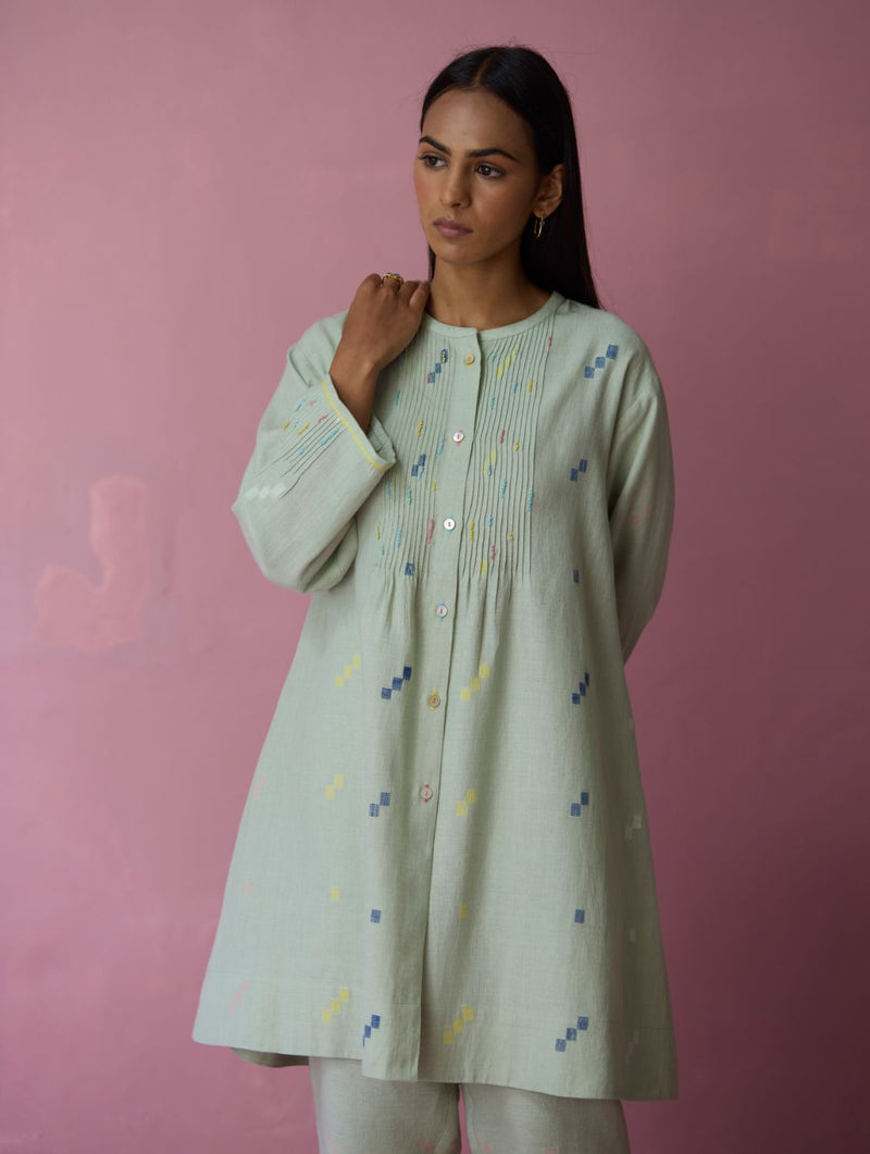Dima Jmdani Linen Pintuck Co-ord Set - Aqua all linen by Manan for women in Singapore