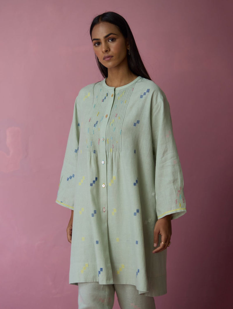 Dima Jmdani Linen Pintuck Co-ord Set - Aqua all linen by Manan for women in Singapore