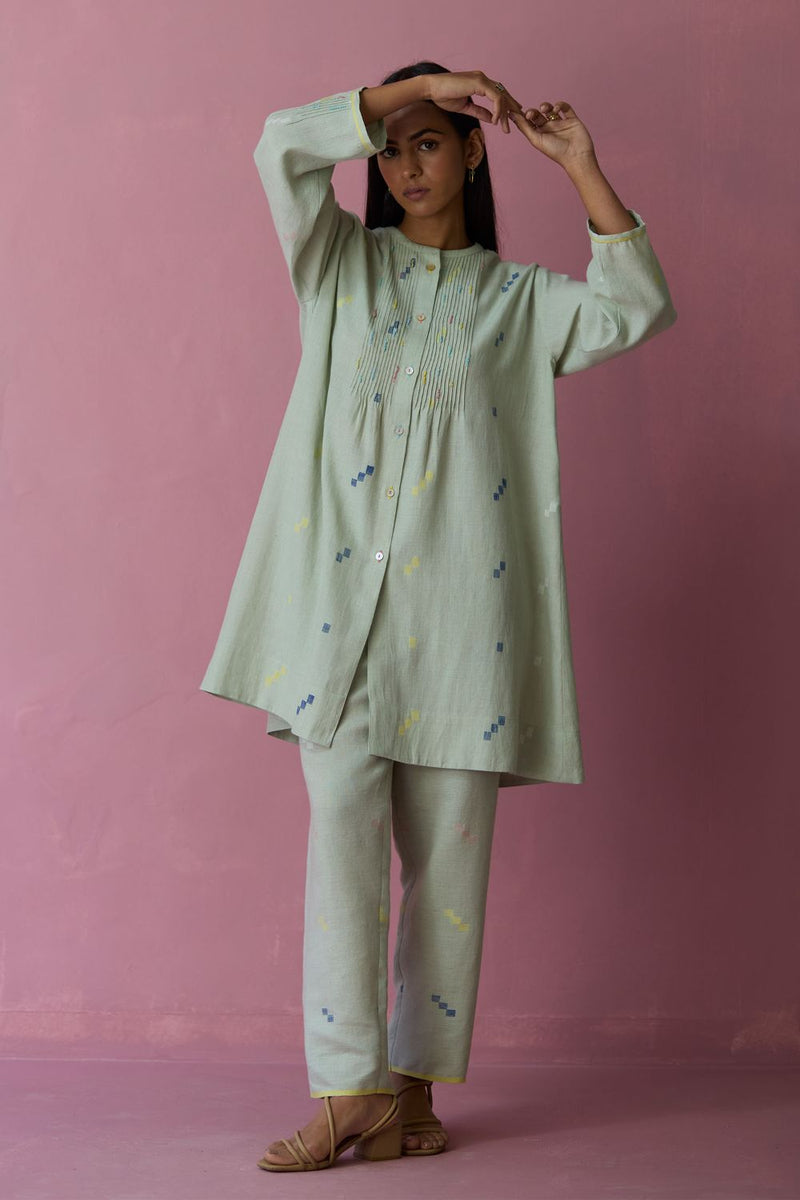 Dima Jmdani Linen Pintuck Co-ord Set - Aqua all linen by Manan for women in Singapore