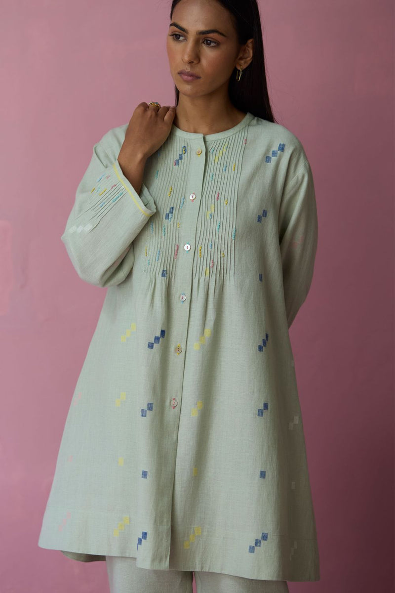 Dima Jmdani Linen Pintuck Co-ord Set - Aqua all linen by Manan for women in Singapore