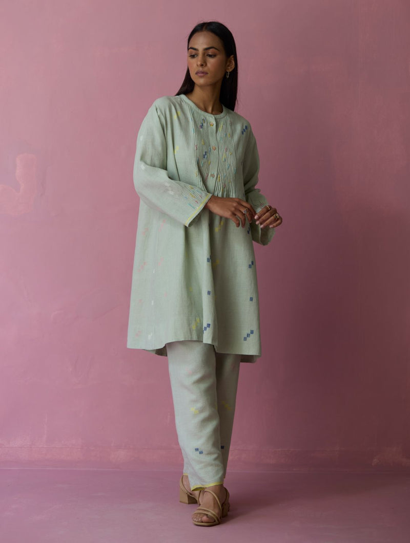 Dima Jmdani Linen Pintuck Co-ord Set - Aqua all linen by Manan for women in Singapore