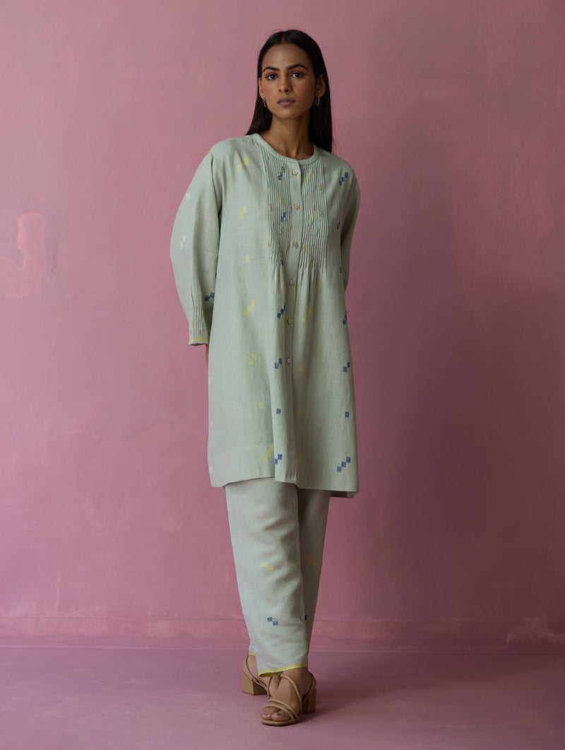 Dima Jmdani Linen Pintuck Co-ord Set - Aqua all linen by Manan for women in Singapore