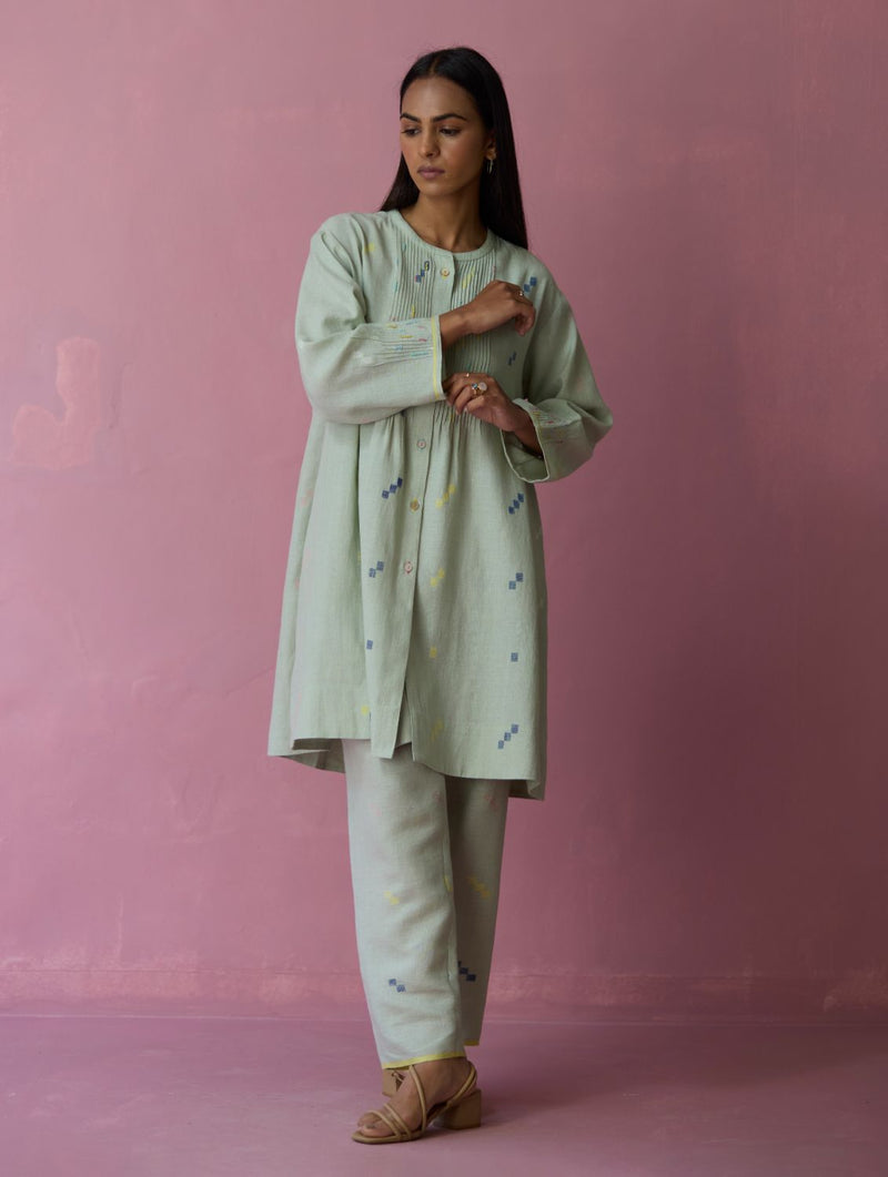 Dima Jmdani Linen Pintuck Co-ord Set - Aqua all linen by Manan for women in Singapore
