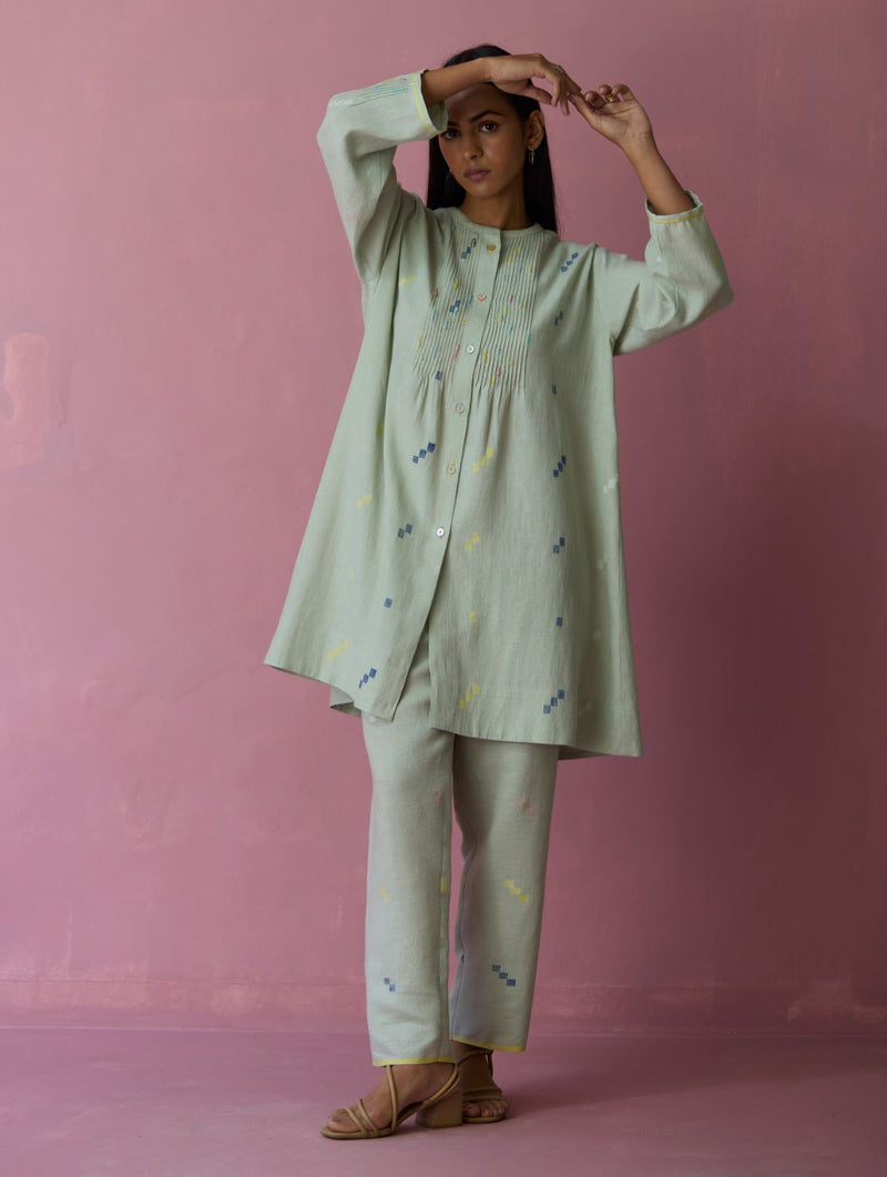 Dima Jmdani Linen Pintuck Co-ord Set - Aqua all linen by Manan for women in Singapore