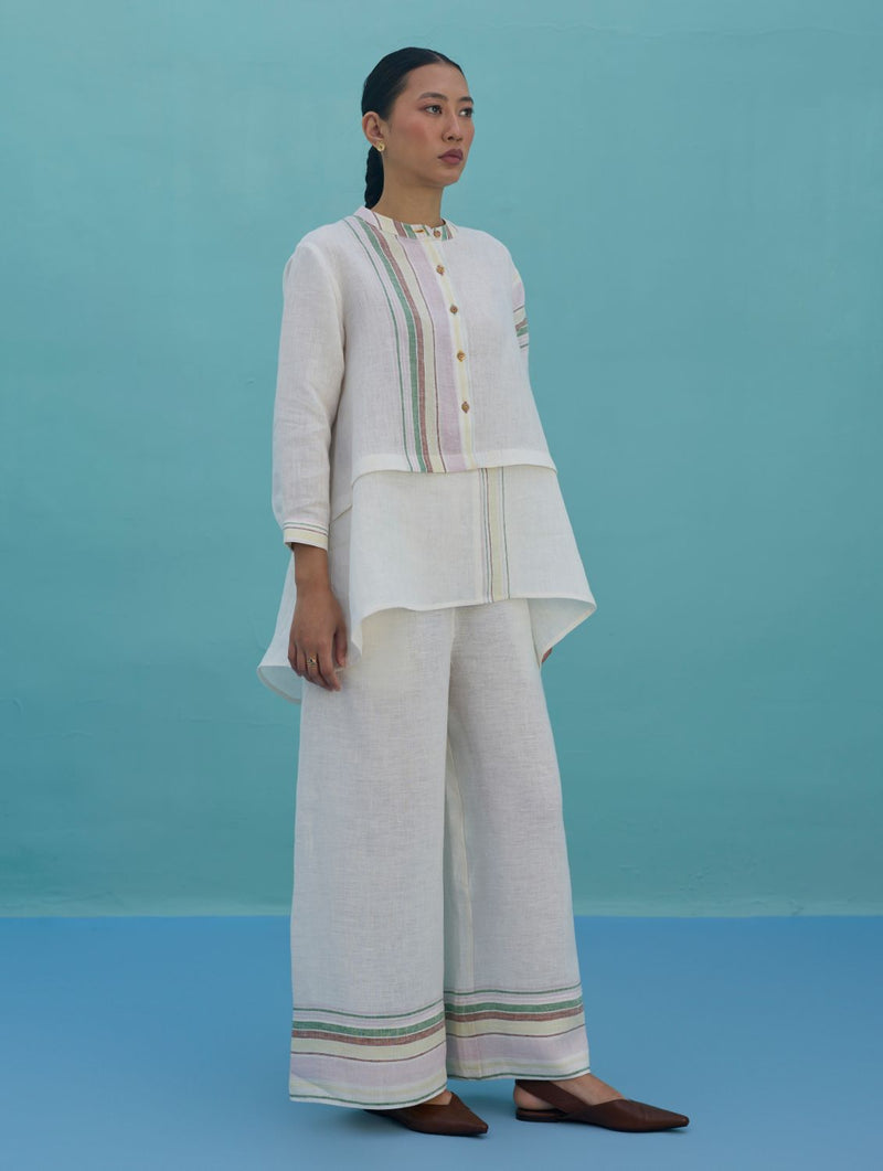 Amaya Border Linen Top - Ivory linen top/shirt by Manan in ivory for women in Singapore