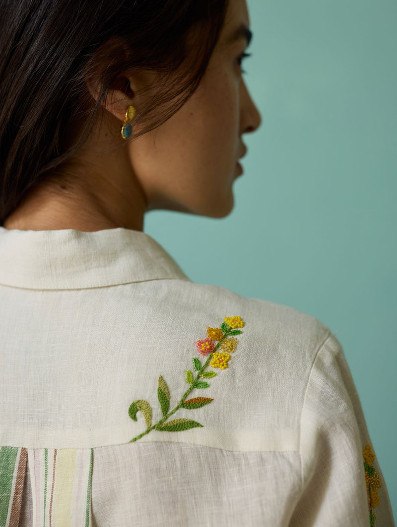 Kima Hand-Embroidered Floral Shirt - Ivory linen top/shirt by Manan in ivory for women in Singapore