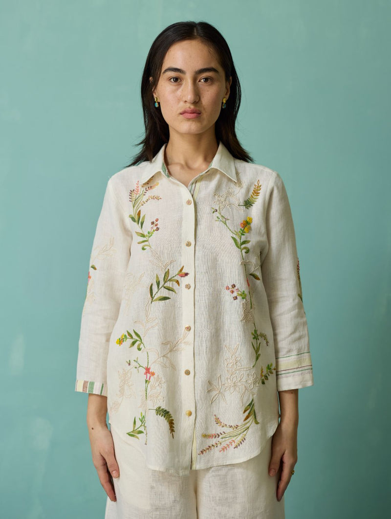 Kima Hand-Embroidered Floral Shirt - Ivory linen top/shirt by Manan in ivory for women in Singapore