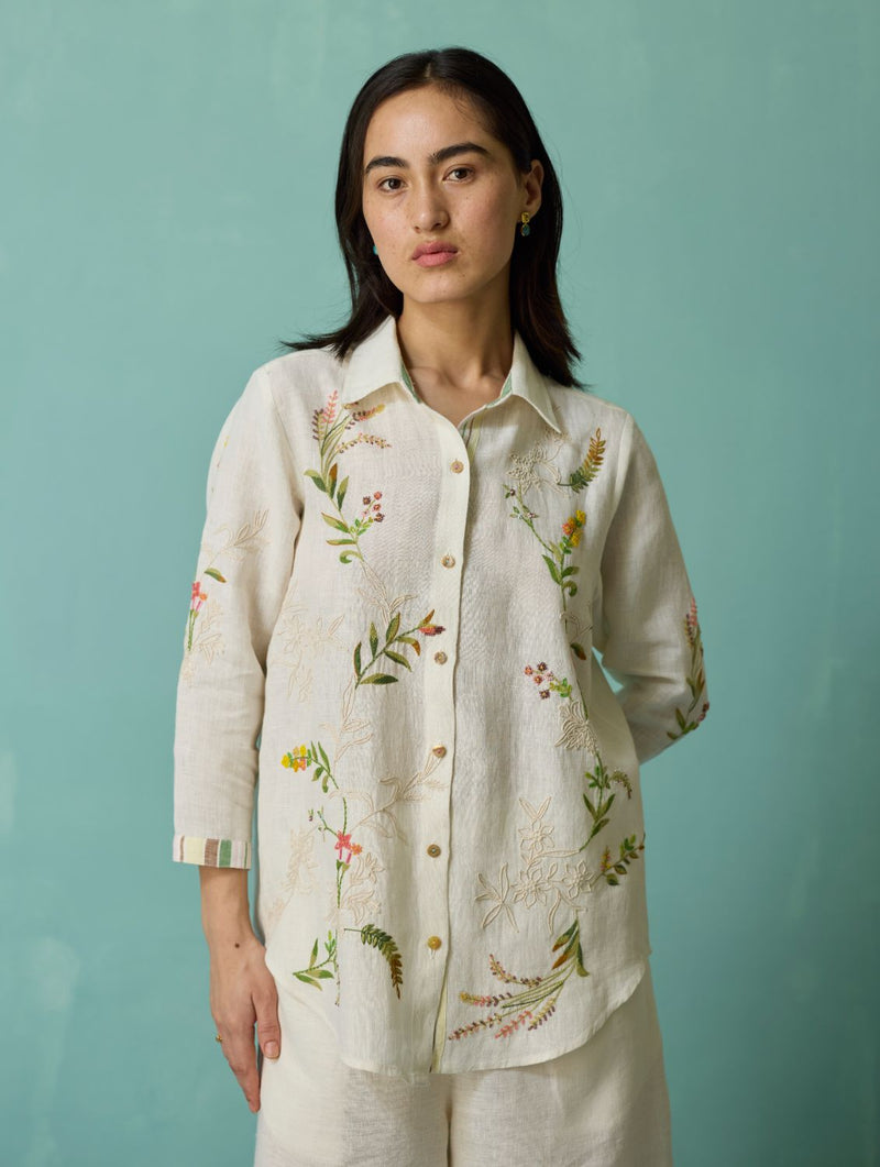Kima Hand-Embroidered Floral Shirt - Ivory linen top/shirt by Manan in ivory for women in Singapore