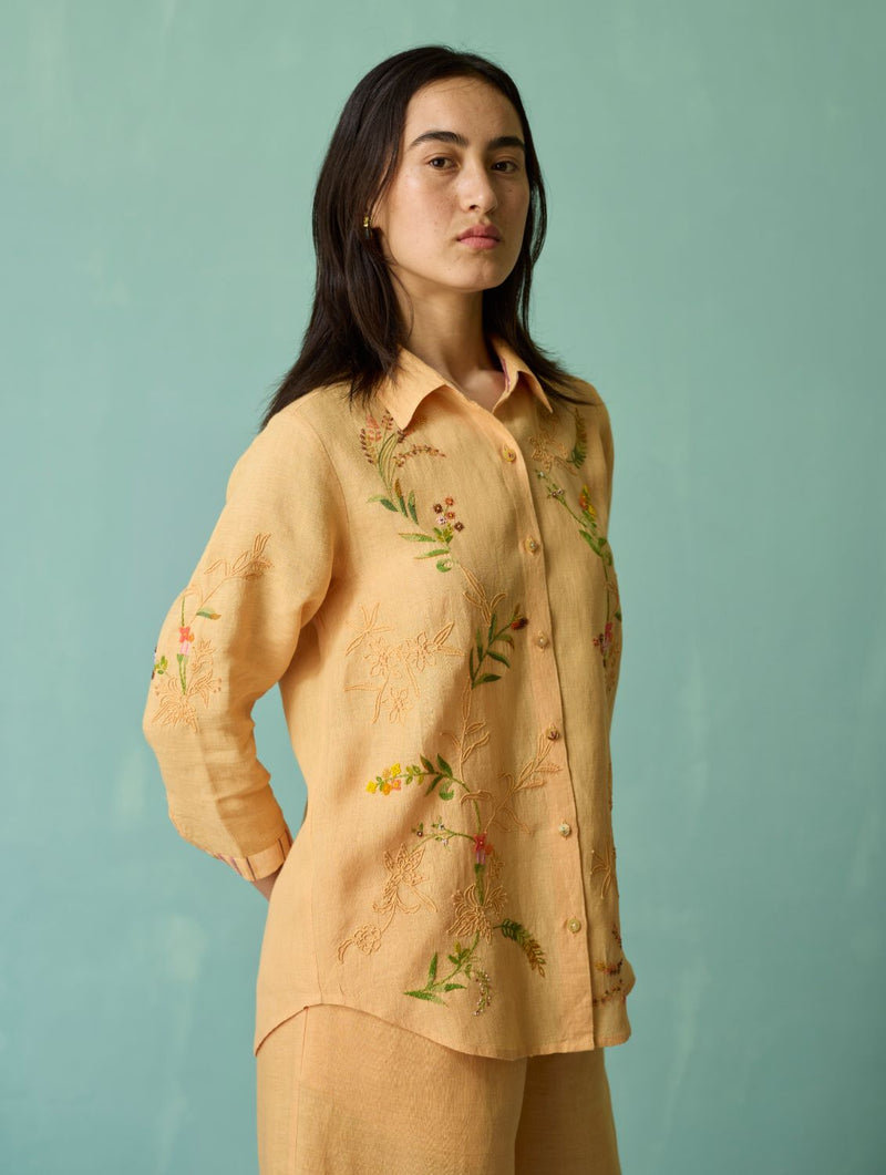 Kima Hand-Embroidered Floral Shirt - Apricot linen top/shirt by Manan in apricot for women in Singapore