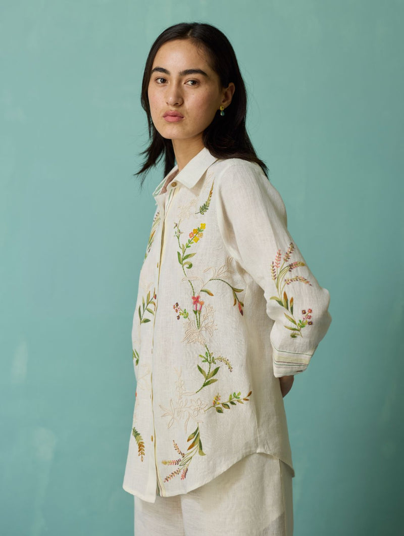 Kima Hand-Embroidered Floral Shirt - Ivory linen top/shirt by Manan in ivory for women in Singapore