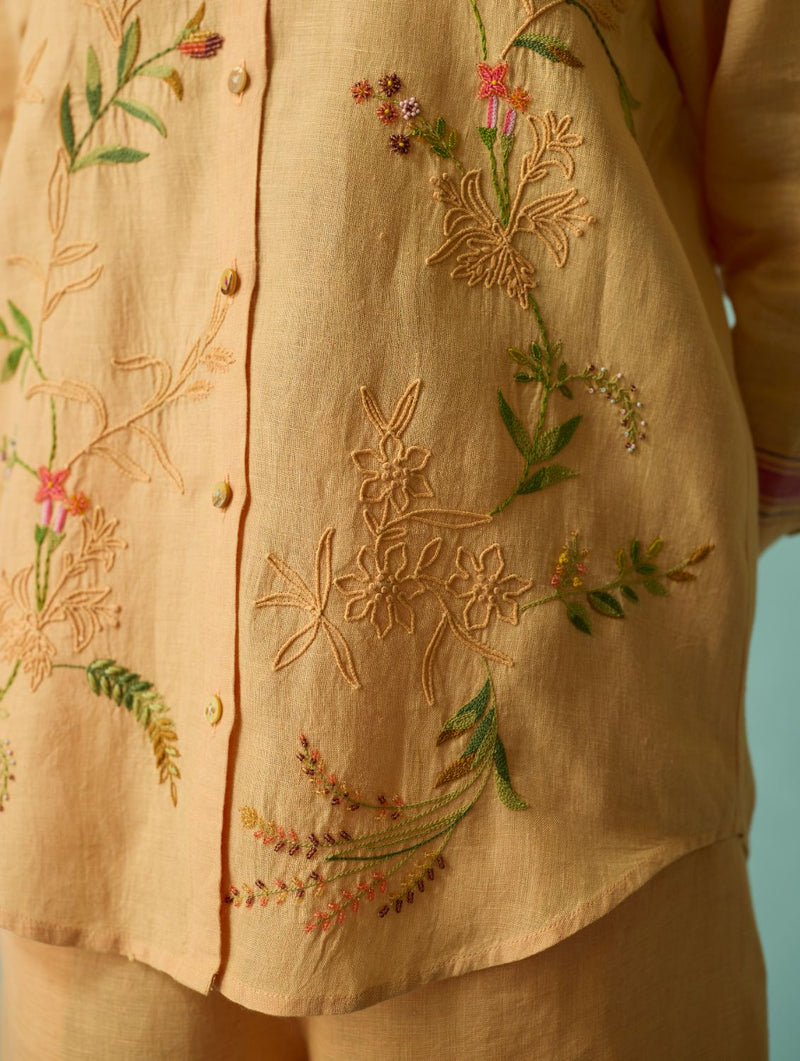 Kima Hand-Embroidered Floral Shirt - Apricot linen top/shirt by Manan in apricot for women in Singapore