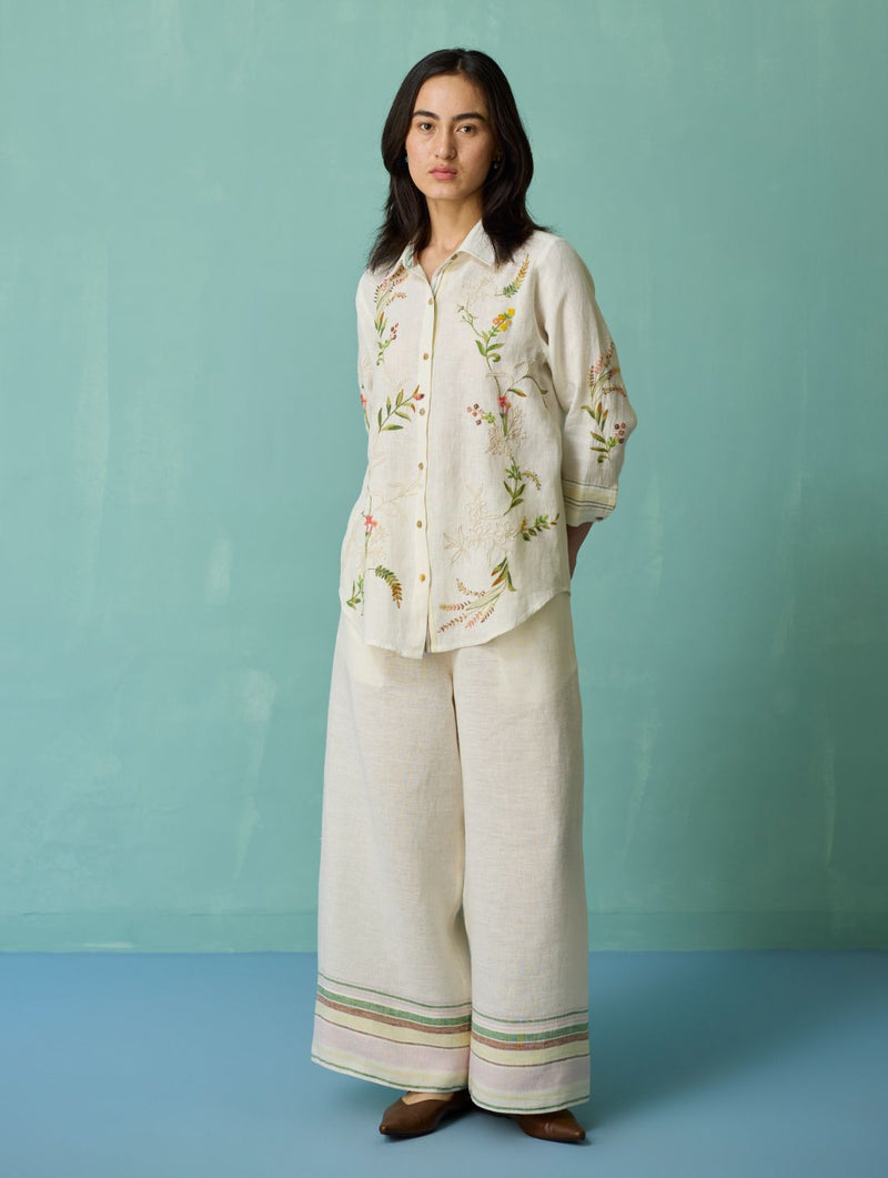 Kima Hand-Embroidered Floral Shirt - Ivory linen top/shirt by Manan in ivory for women in Singapore