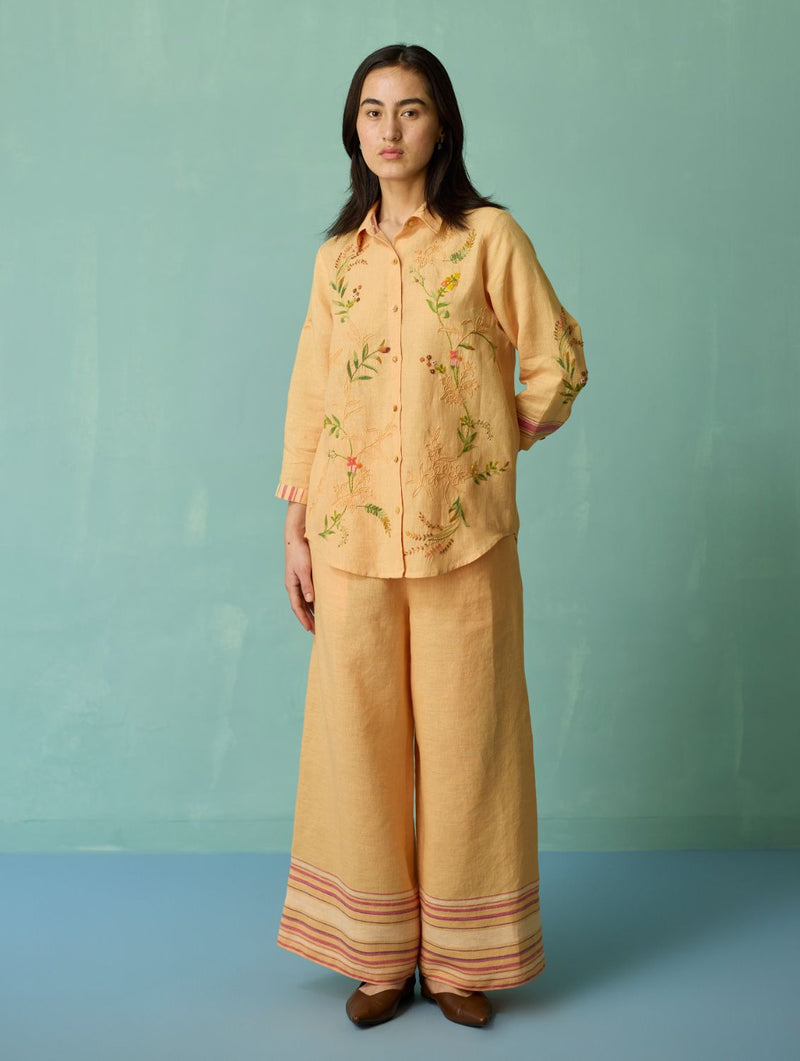 Kima Hand-Embroidered Floral Shirt - Apricot linen top/shirt by Manan in apricot for women in Singapore