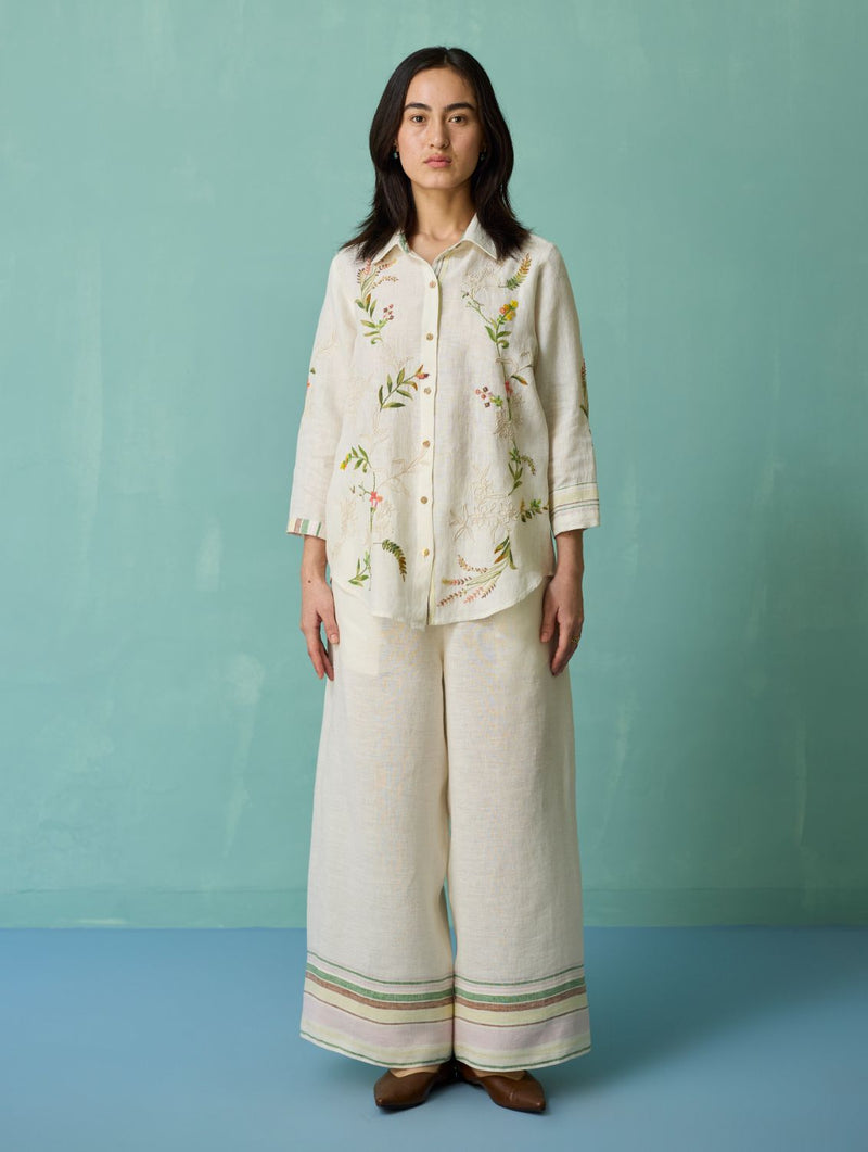 Kima Hand-Embroidered Floral Shirt - Ivory linen top/shirt by Manan in ivory for women in Singapore