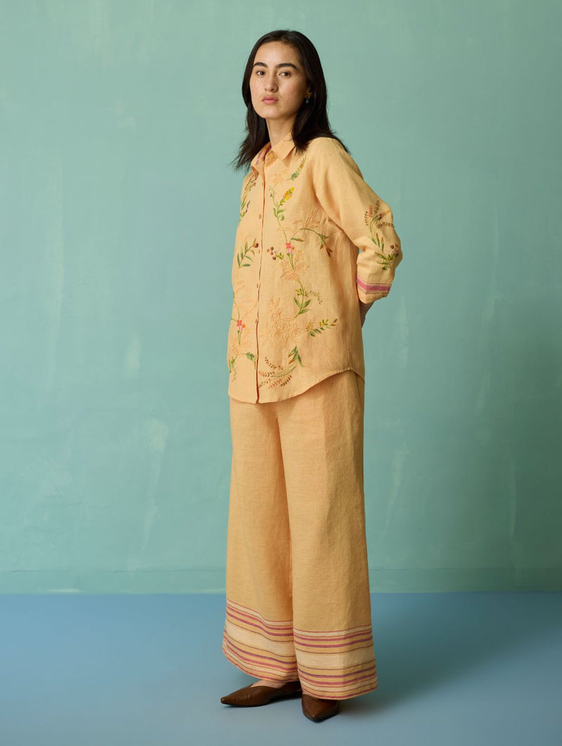 Kima Hand-Embroidered Floral Shirt - Apricot linen top/shirt by Manan in apricot for women in Singapore