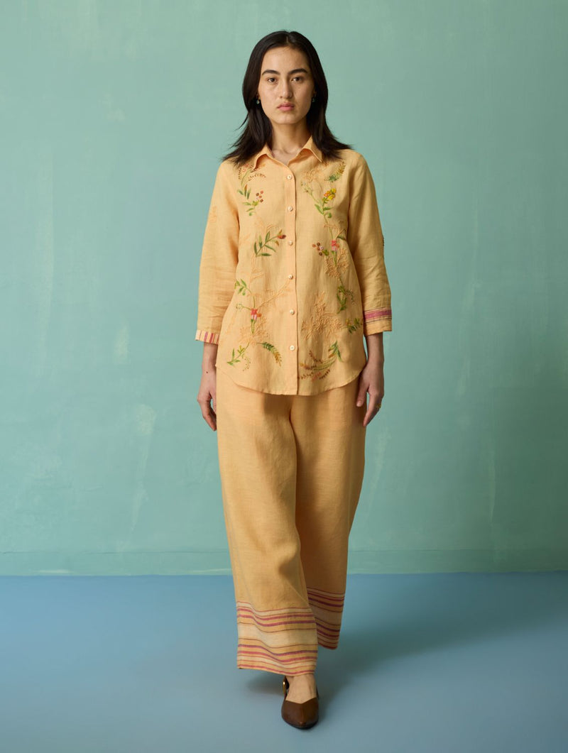 Kima Hand-Embroidered Floral Shirt - Apricot linen top/shirt by Manan in apricot for women in Singapore
