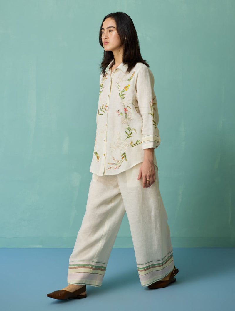 Kima Hand-Embroidered Floral Shirt - Ivory linen top/shirt by Manan in ivory for women in Singapore