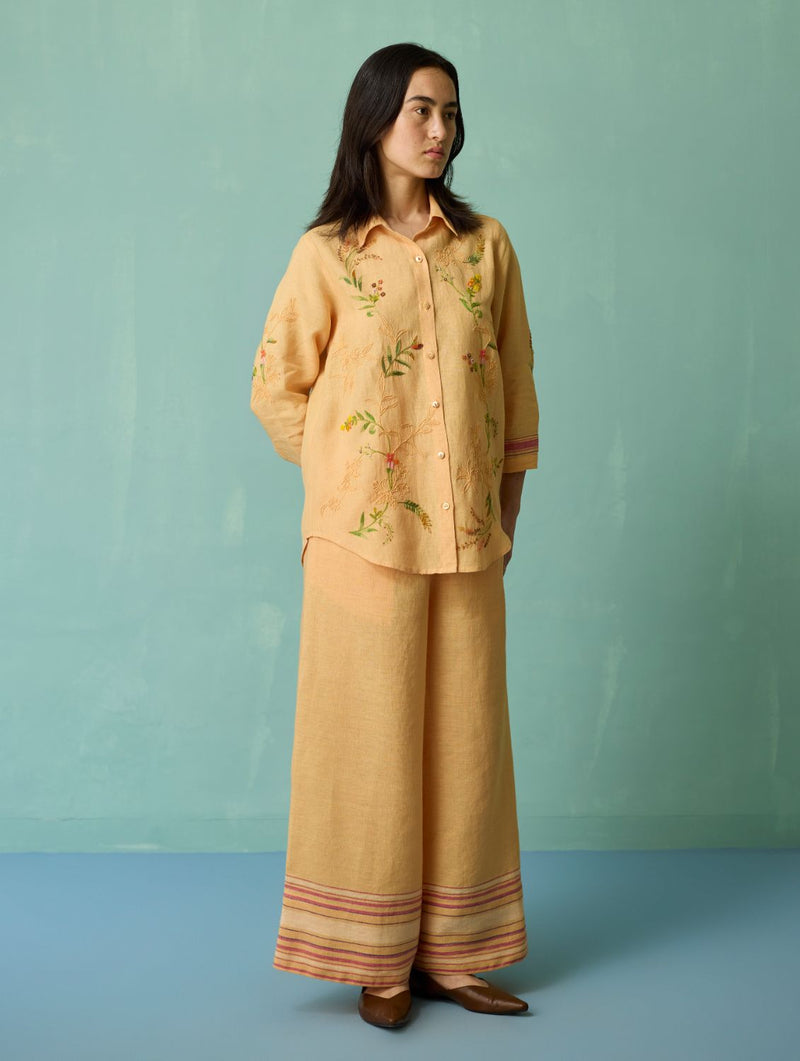 Kima Hand-Embroidered Floral Shirt - Apricot linen top/shirt by Manan in apricot for women in Singapore