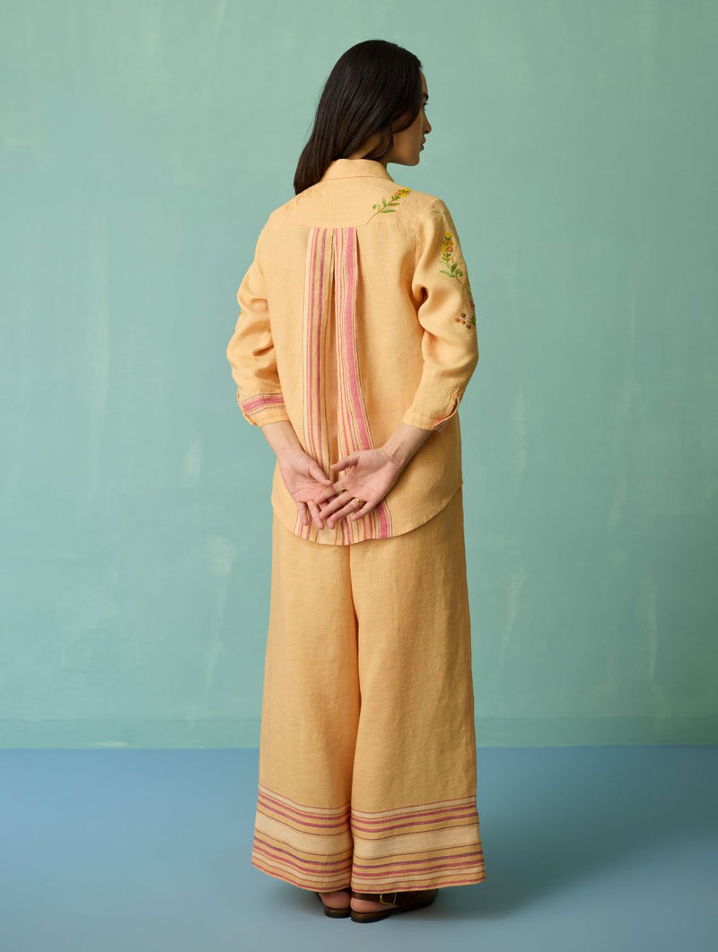 Kima Hand-Embroidered Floral Shirt - Apricot linen top/shirt by Manan in apricot for women in Singapore